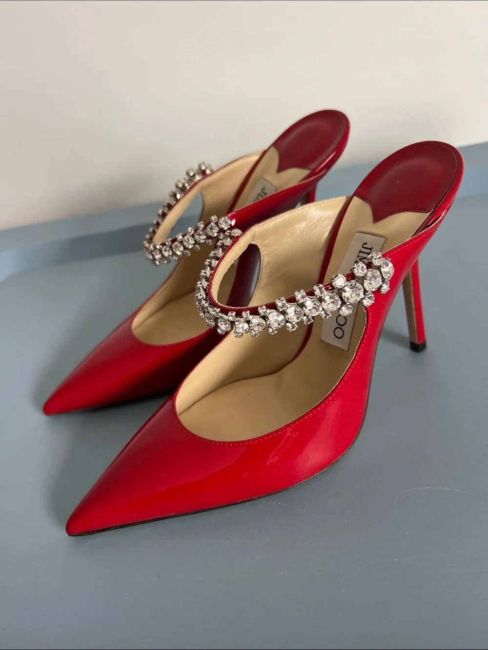 Jimmy Choo bing 100 red patent leather crystal embellished pointed toe pumps 37 - Picture 1 of 8